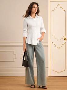 Lilora Women's Casual Elegant Solid Color Waist Shirt Winter Clothes For Women Clothes For New Year Fitted Waist Long-Sleeved Commuter Shirt - White - View 7