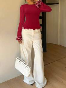 Siren Gaze 女式优雅修身圆领荷叶边长袖T恤，秋季 - 玫瑰紅 - 查看 4