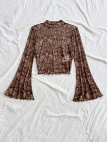 Soleia New Floral-Printed Trumpet-Sleeved Round-Neck Casual Top, Brown Check Pattern, Autumn Bohemian Style, Party And Carnival Theme No Chest Padding - Multicolor - View 3