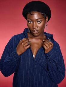 Normani Women's Navy Striped Drop Shoulder Long Sleeve Single-Breasted Back Cutout Tie Shirt Daily Wear,Fall Women Clothes,Sexy Women Tops,Business Casual Women - Navy Blue - View 6