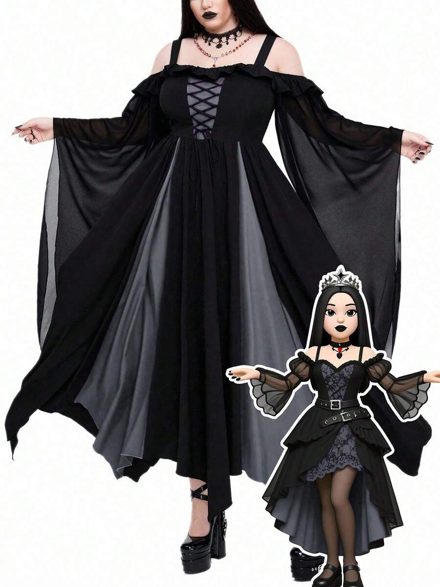 Whyspr Plus Size Women's Gothic Style Color Block Cinched Waist Long Dress - Grey - View 1