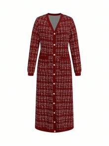 SHEIN Clasi 大码女装三件套：格纹单排扣长款开衫、吊带背心和阔腿裤，适合工作和通勤，秋季穿着。 - 酒紅色 - 查看 10
