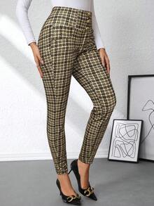 Ellevyn 女式优雅格子印花金属扣装饰黑白高腰修身针织裤，夏季 - 卡其色 - 查看 5
