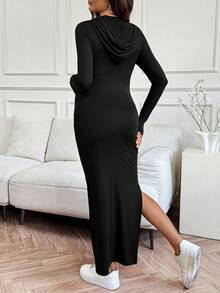 SHEIN Maternity Casual Solid Color Hooded Split Drawstring Dress, Autumn - Black - View 2