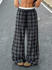 SHEIN Tween 女童休闲格纹印花直筒裤，返校季 - 灰色 - 查看 5