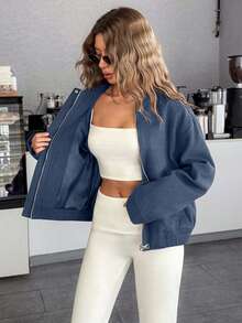 EURMUSE Women's Cropped Bomber Jacket With Elastic Hem And Minimalist Design, Stylish And Versatile Outerwea - Blue - View 7