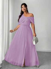 SHEIN PETITE CURVE 大码女式优雅浪漫婚礼宾客礼服，轻盈正式礼服，雪纺单肩开衩连衣裙 - 淡紫色 - 查看 6