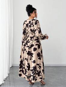 SHEIN Elenzya 大码女式花卉印花V领长袖优雅长裙，秋冬 - 彩色 - 查看 2