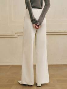 Cévolie Calça feminina folgada, casual, com bolsos bordados florais e pernas largas - Bege - Ver 2