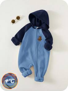 SHEIN Neugeborenes Baby Unisex süßes Bären Muster gestrickter verdickter Kapuzen-Romper, Herbst/Winter