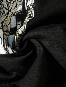 ROMWE MEN Goth Men's Fleece Collar Religious Letter Graphic Loose Zip-Up Hoodie Sweatshirt, Long Sleeve Top - Black - View 4