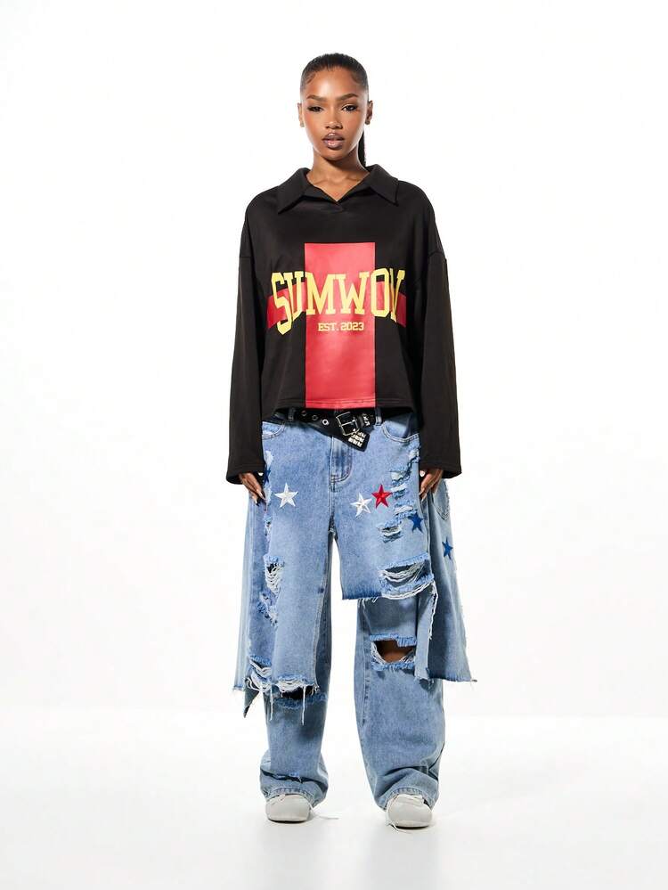 SUMWON WOMEN Oversized Long Sleeve Rugby Polo With Graphic Print