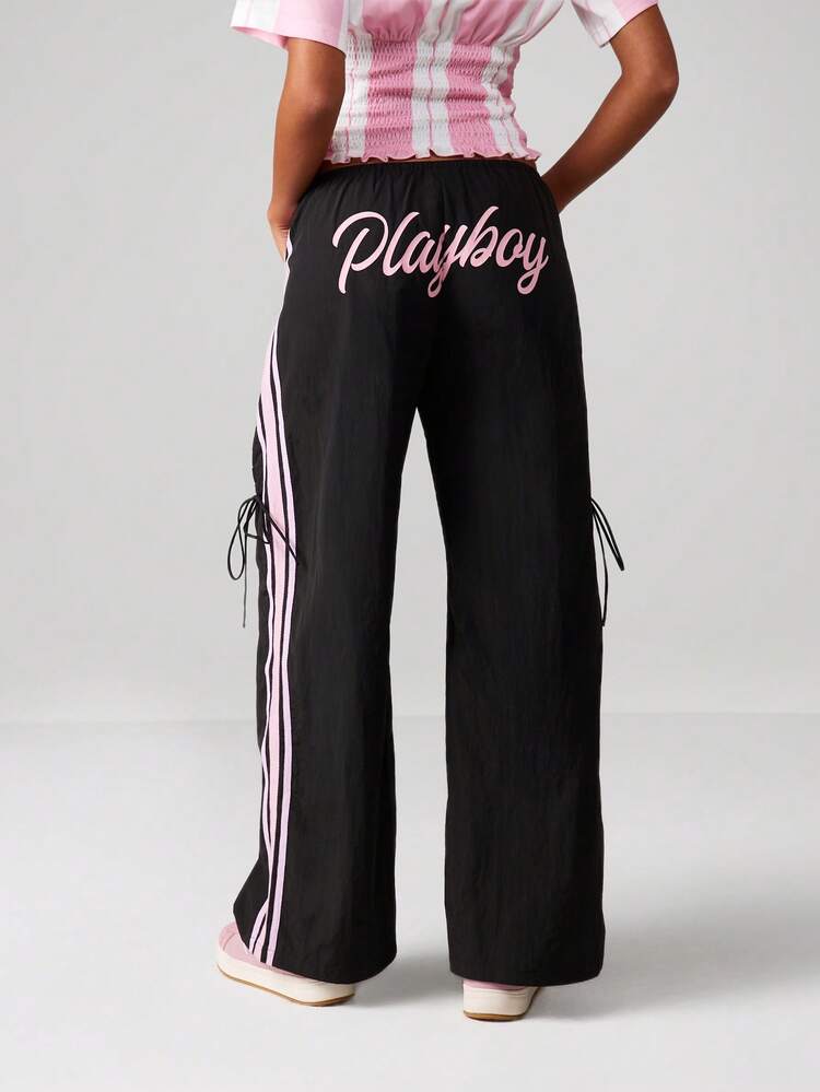 Missguided x Playboy Casual Wide Leg Cargo Pants With Ruched Details And Side Stripe Embellishments For Streetwear
