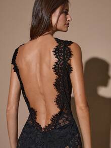SHEIN BAE Autumn/Winter Women's Solid Black Sexy Sheer Lace Backless Jumpsuit, Elegant Going Out Outfit For Daily, Date, Party, Asymmetric Leg Wide Leg Jumpsuit, Valentine's Day Jumpsuit, Everyday Jumpsuit, Graceful Jumpsuit, Autumn Lace Jumpsuit, Halloween, Christmas - Black - View 6