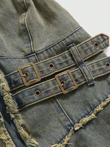 ROMWE Grunge Punk Y2K Distressed Washed Color Open Shoulder Ruffle Hem Mini Denim Dress, Retro Blue - Dark Wash - View 3