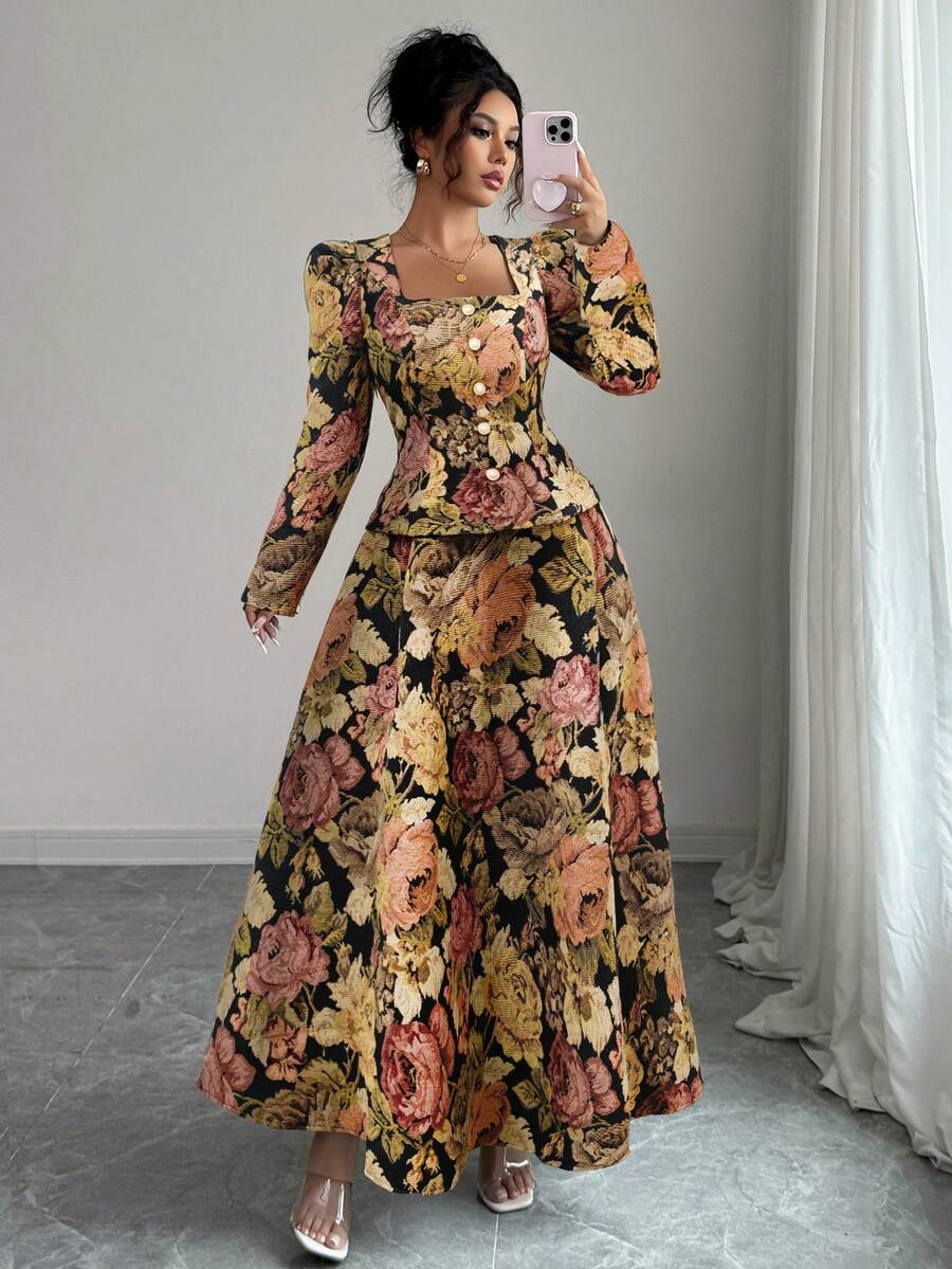 Elenzga 女士优雅秋季圆领泡泡袖上衣和 A 字形纹理玫瑰提花裙 2 件套 - 黑色 - 查看 1