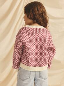 Suéter holgado de cuello redondo con ribete de contraste, informal para niña, otoño/invierno