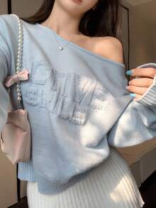 DAZY Women's Casual Asymmetric Collar Letter Pattern Sweater, Autumn/Winter - Blue - View 6