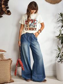 EMERY ROSE 女式松紧腰休闲宽松牛仔裤，带口袋，适合日常穿着 - 藍色 - 查看 1