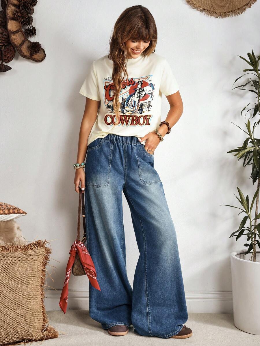 EMERY ROSE 女式松紧腰休闲宽松牛仔裤，带口袋，适合日常穿着 - 藍色 - 查看 1