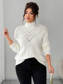 Elenzga 大码女式 V 领纯色套头毛衣，冬季 - 米色 - 查看 7