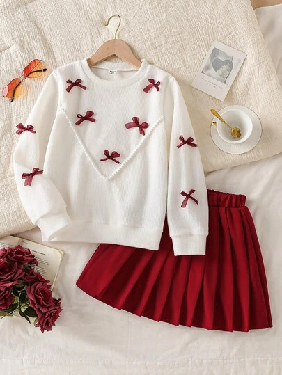 Genkimix Kids 2pcs/Set Tween Girl Christmas Autumn/Winter Korean Fashion Chic Girls Outfit, Bow Decor Sweet Round Neck Long Sleeve Top + Pleated Skirt 2 Pieces