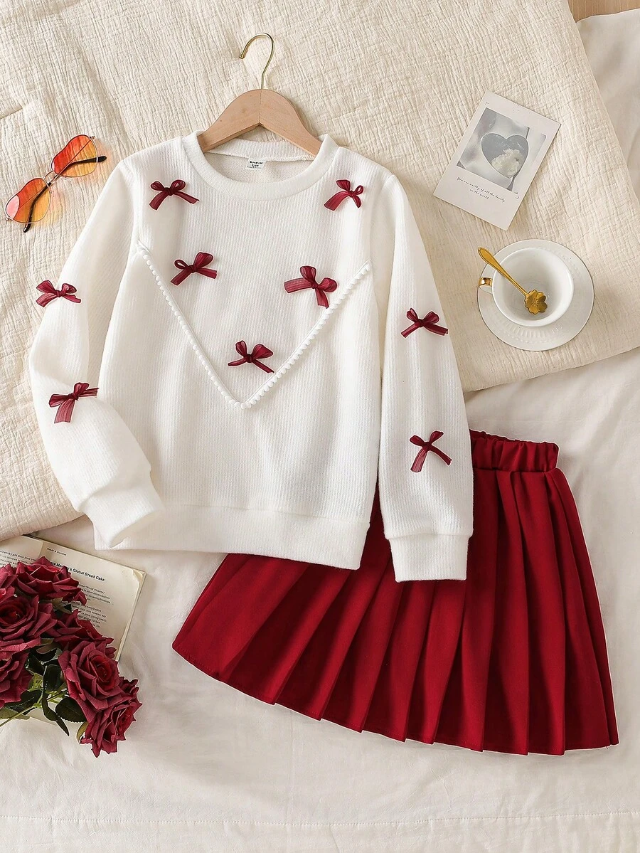 Genkimix Kids 2pcs/Set Tween Girl Christmas Autumn/Winter Korean Fashion Chic Girls Outfit, Bow Decor Sweet Round Neck Long Sleeve Top + Pleated Skirt 2 Pieces - Red - View 1