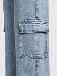 SHEIN Casuvi Kids 适合10岁男孩的儿童礼物推荐：复古街头风多口袋侧边D形环扣黑色牛仔工装直筒裤 - 藍色 - 查看 5