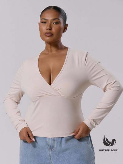 MUSERA Blusa de manga larga con escote en V cruzado y ajuste ceñido, talla grande, para invierno, linda, de uso diario, casual, para ir a tomar un café o fiestas