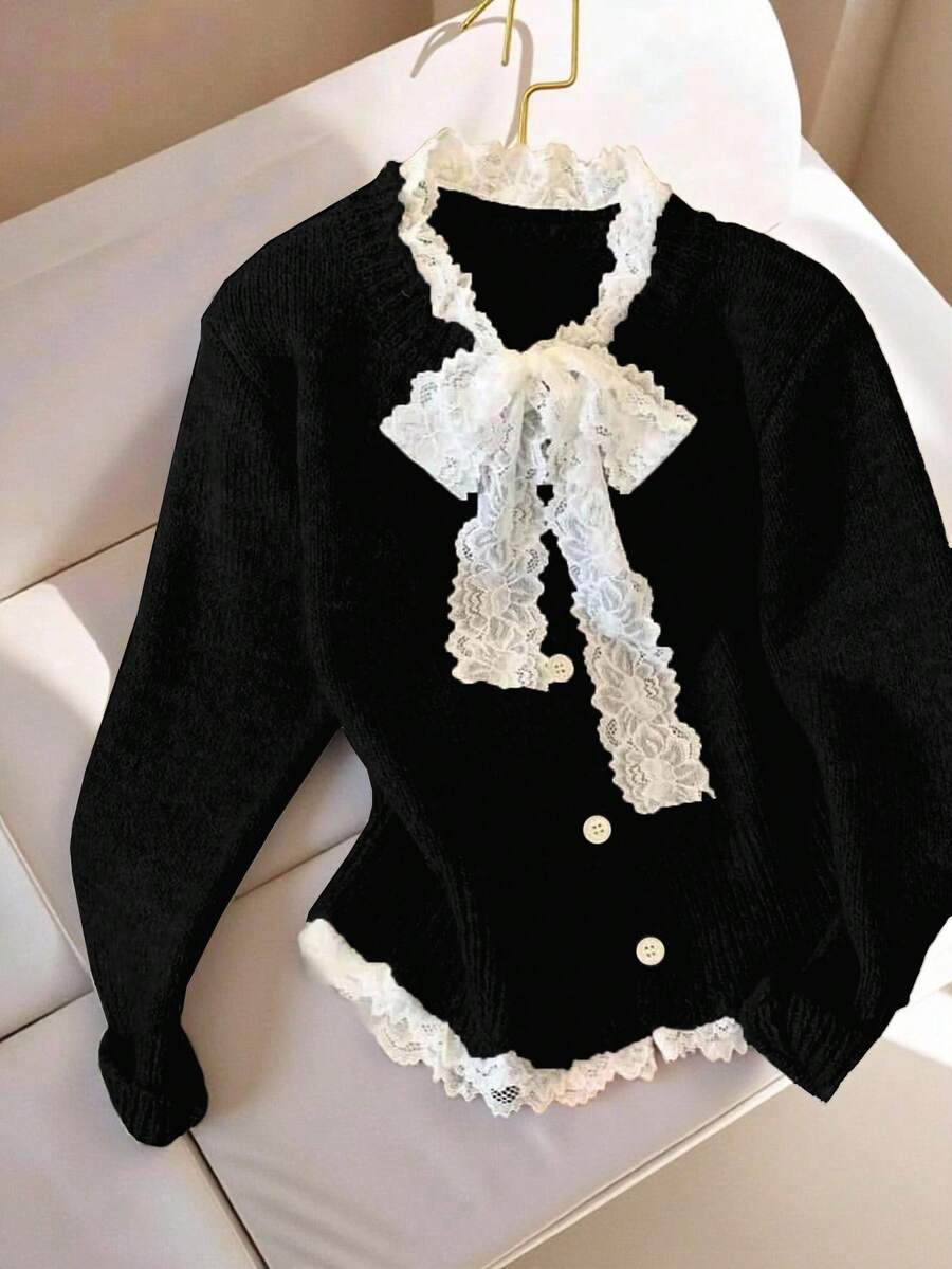 Franclia Elegante cárdigan de punto holgado con cordones, inspirado en el estilo de blogger, elegante estilo europeo - Negro - Ver 1