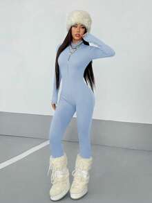 StreetHx Bộ đồ liền thân dài tay, màu trơn, khóa kéo nửa đầu thời trang dạo phố dành cho nữ, mùa thu - Màu xanh lam - Xem 5