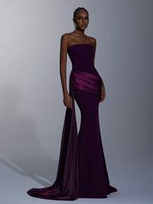 Elitara Elegant, Romantic, Fashionable, Minimalist, Deep Purple, Stretchy Fabric, Satin Patchwork, Stylish, Holiday, Vacation, Birthday Party, Wedding Event, Formal Dinner Dress - Dark Purple - View 8