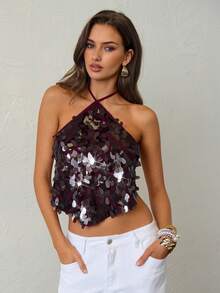 Aloruh 女士性感亮片露背吊带上衣，适合夏季海滩度假、波西米亚风热带度假、音乐会、锐舞节、乡村音乐会、伊比沙岛、纳什维尔等场合，以及西部牛仔风格活动。 - 酒紅色 - 查看 7