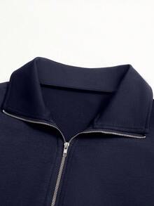 Airaco 女式纯色简约日常长袖美式复古半拉链小众运动衫 - 藏蓝色 - 查看 3