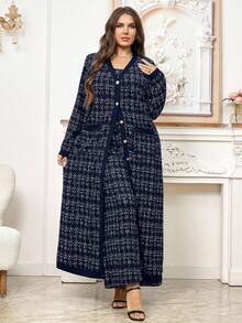 SHEIN Clasi Bộ đồ liền thân ống rộng không tay họa tiết kẻ caro cỡ lớn dành cho nữ, mùa thu, áo khoác kim loại một hàng khuy dài - Màu xanh hải quân - Xem 6