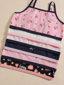 6件套情人节女孩简约时尚心形蝴蝶结印花棉质吊带背心内衣套装 - 彩色 - 查看 3