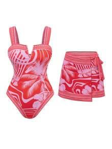 SHEIN Swim Oasis 2件套2025新款女士连体印花泳衣带裙式海滩度假休闲泳装套装夏季 - 彩色 - 查看 4