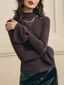 INAWLY Áo len dệt kim tay dài màu trơn cổ đứng cài nút cổ điển tay loe - màu nâu - Xem 3