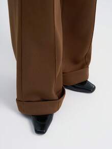 Airaco 女士休闲纯色半开领口袋连帽衫，直筒卷边运动裤，两件套，适合春秋冬 - 棕色 - 查看 3