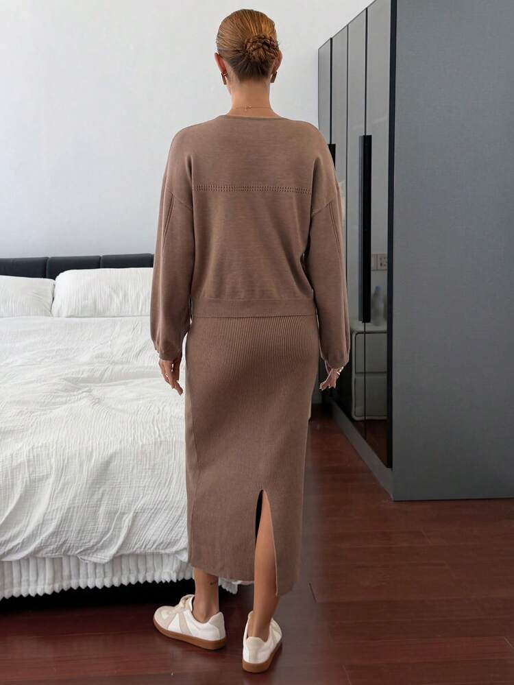 Women's Solid V-Neck Drop Shoulder Long Sleeve Sweater And Knit Midi Skirt 2 Pieces Casual Set, Autumn/Winter