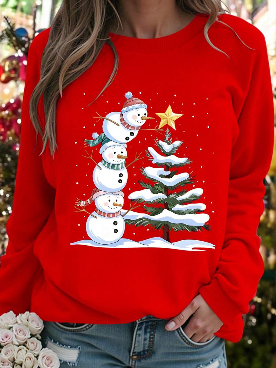 EMERY ROSE sweat-shirt décontracté à manches longues avec imprimé bonhomme de neige de style de rue pour femmes, automne/hiver - Rouge - Voir 1