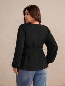 Elaquor Plus Size Women's Casual Solid Color V-Neck Long Sleeve Shirt Plus Size Black Tops Black Babydoll Top/Fall/Winter - Black - View 2