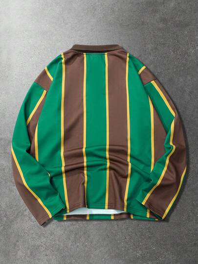 Men's Letter Striped Polo Collar Casual Loose Long Sleeve T-Shirt