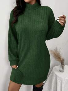 SHEIN Frenchy Casual Turtleneck Ribbed Knit Fleece Dress, Plus Size, Suitable For Leisure And Home Wear, Autumn/Winter - Dark Green - View 4