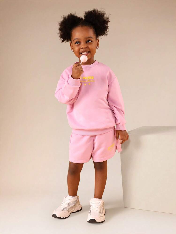 Pink Hoodie And Shorts Set With Text Print