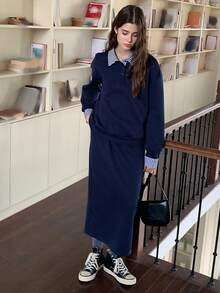 Dazy Kids Teen Girl Striped Print Long Sleeve Sweatshirt And Mini Skirt Set