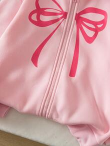 Tween Girl Casual Cute Knitted Thermal Lined Hooded Zip-Up Front Gathered Sleeve Bow Graphic Print Pullover Jacket, Versatile Outerwear