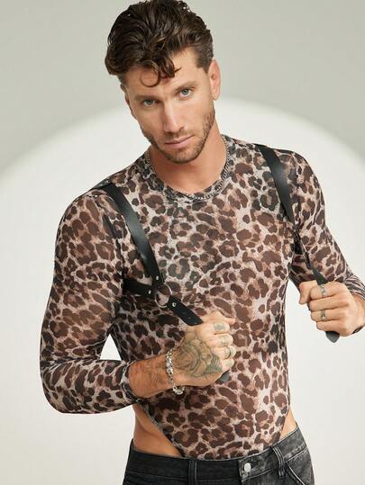FeverCity Body de manga larga con cuello redondo, de malla transparente con estampado de leopardo para hombre, para otoño/invierno