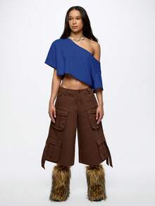 SUMWON WOMEN 露肩宽松短款T恤，不对称单肩短袖上衣，休闲日常穿着 - 藏蓝色 - 查看 3