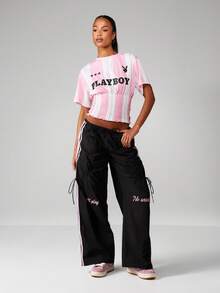 Missguided x Playboy Pantalones cargo de pierna ancha casual con detalles fruncidos y adornos de rayas laterales para ropa urbana - Multicolor - Ver 3